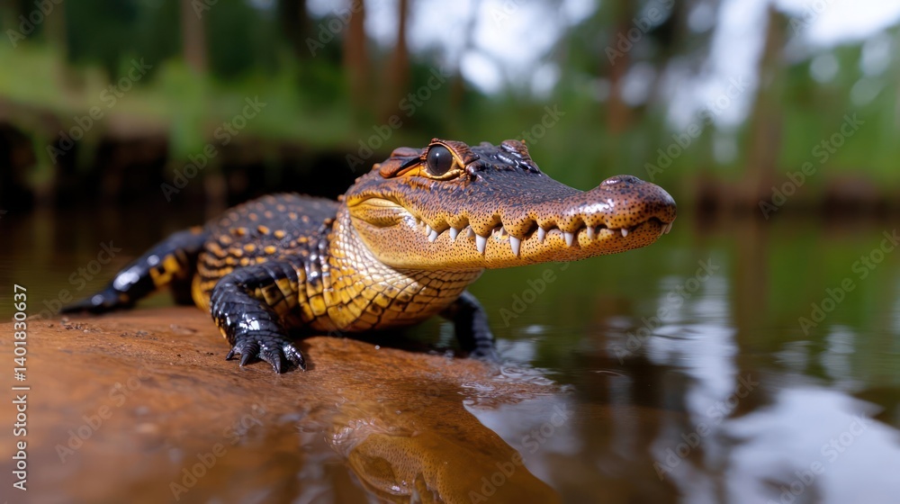 Poster close up of a young alligator with black, brown and yellow scales resting on a brown rock in a river