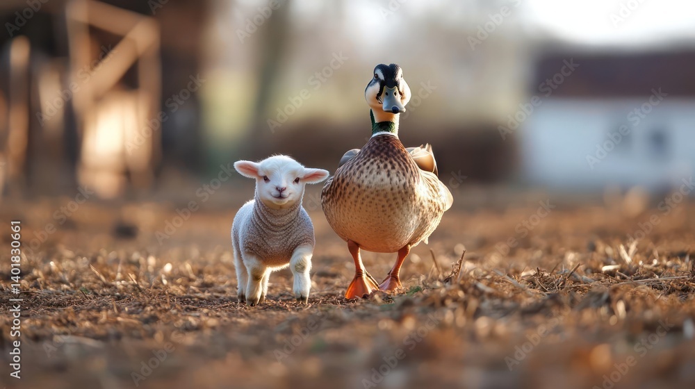 Poster A digitally rendered image showcases a lamb and a duck standing together in a field during golden hour. The lamb is small and white, while the duck has a mix of brown, green, and orange colors