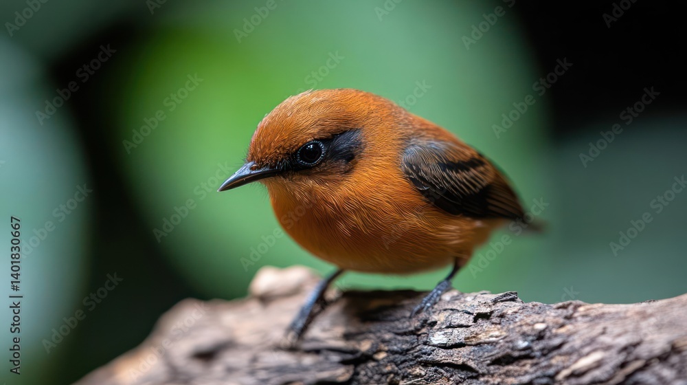 Poster a close-up shot of an orange bird perched on a branch, set against a blurred green background. the b