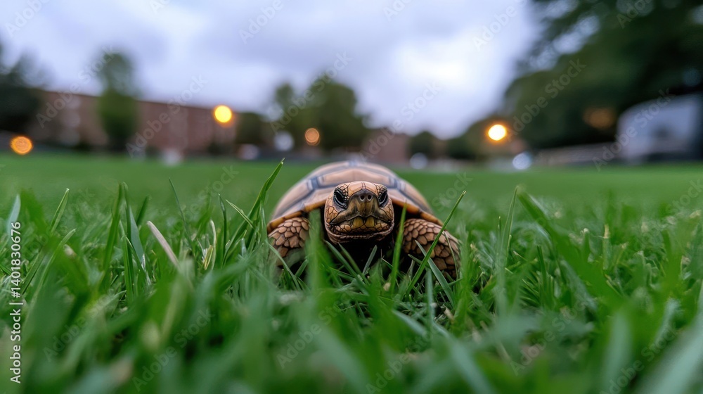 Aufkleber eye-level shot of a tortoise in bright green grass against a blurred background of buildings and tre