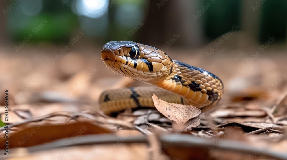 Aufkleber close-up of a brown snake with black stripes on brown fallen leaves. the reptile's head is in focus,