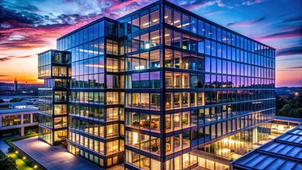 Twilight Cityscape: Drone Shot of Modern Office Building, Illuminated Windows, Night Photography