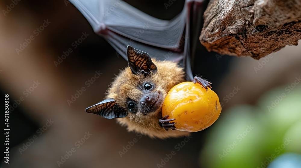 Poster a captivating close-up presents a brown bat clutching a yellow fruit against a backdrop of blurred t