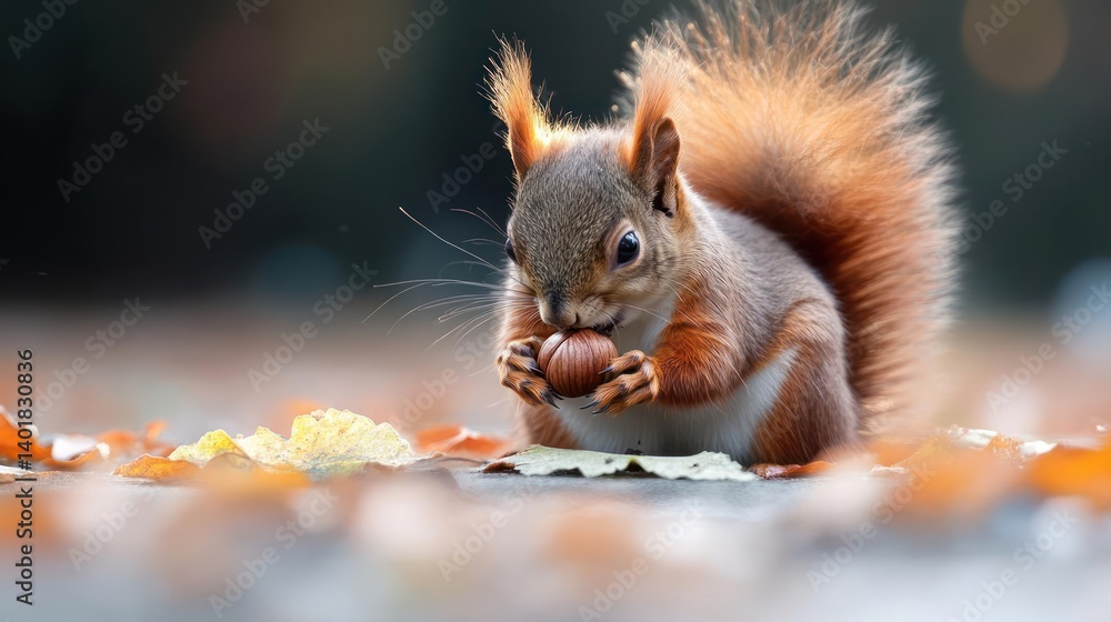 Poster close up of a fluffy red squirrel holding a nut on a wooden surface with fall leaves and yellow flow