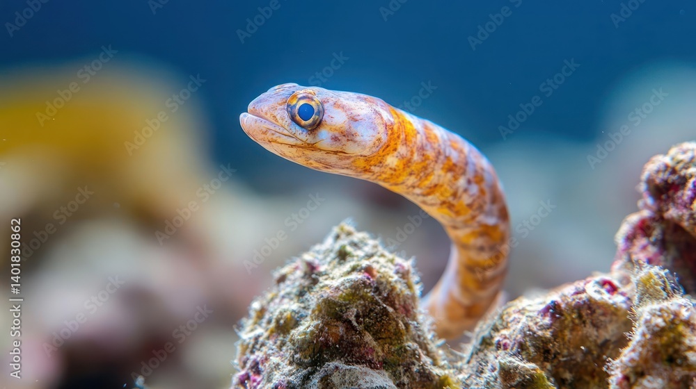 Poster Detailed close up of a lizardfish emerging from coral structure in a vibrant underwater environment with blue background, capturing intricate details of the reptile's speckled pattern and textures