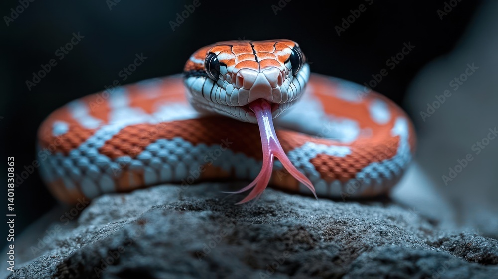 Aufkleber a close-up shot features an orange snake with white markings coiled on a rock. the snake's tongue is
