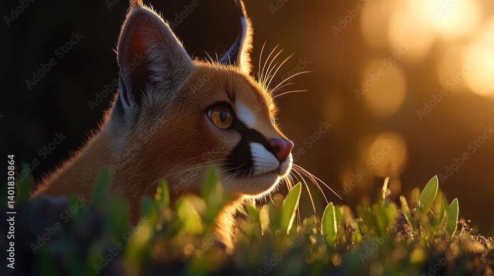 Aufkleber A close up of a caracal in warm golden light peering over verdant foliage. The cat's detailed features and textured fur are illuminated against a softly blurred bokeh background, emphasizing its