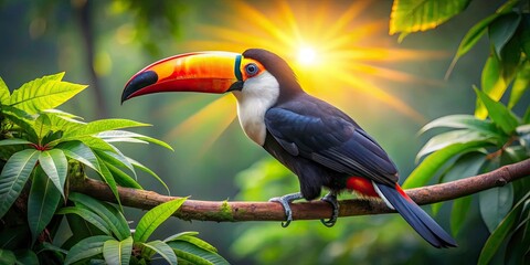 Fototapeta premium Toco Toucan in Pantanal, Brazil: Vibrant Bird on Branch, Wildlife Photography, Amazon Rainforest