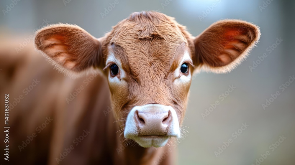 Poster a close-up shot captures a brown calf with its ears perked up, looking directly at the camera. the c