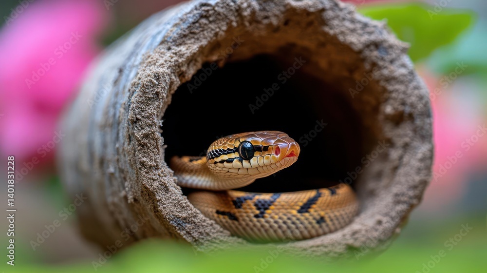 Poster detailed eye-level shot of a yellow-brown snake with black patterned in a hollow log, curled neatly 