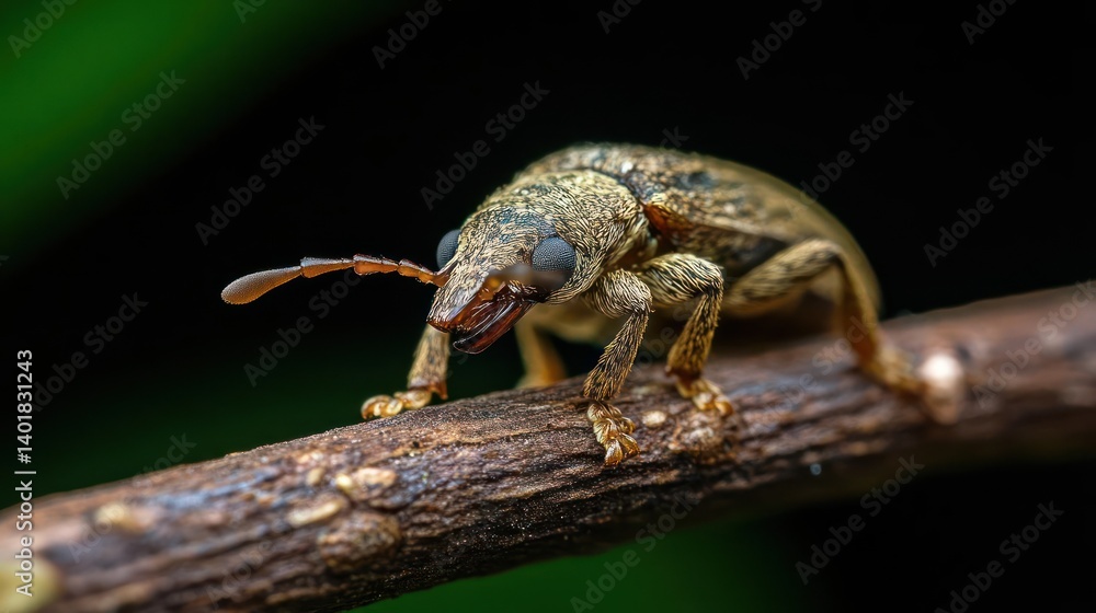 Aufkleber macro shot of a weevil beetle perched on a twig, showcasing its textured exoskeleton and prominent a