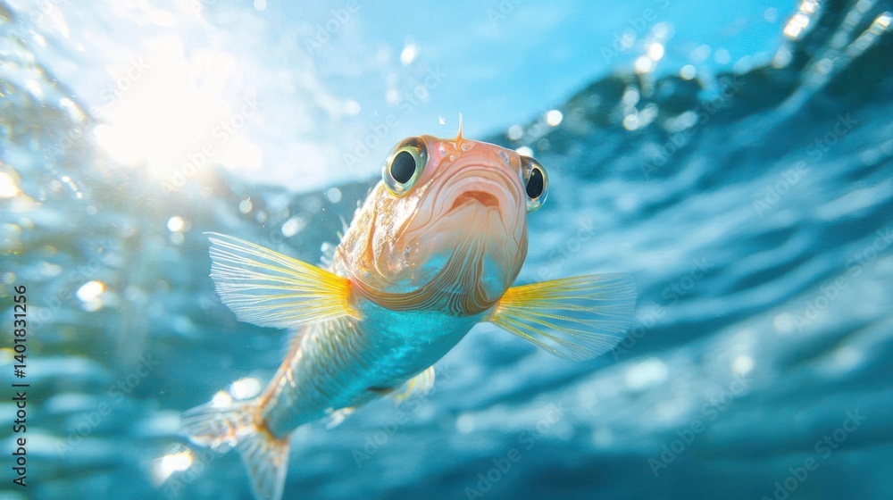 Poster an eye-level view of a spiky fish swimming in clear water illuminated by sunlight. the shot captures