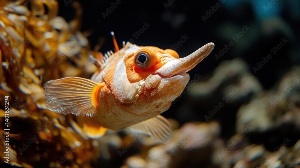 Poster macro shot of an orange and white fish swimming in water, capturing its unique features and textures