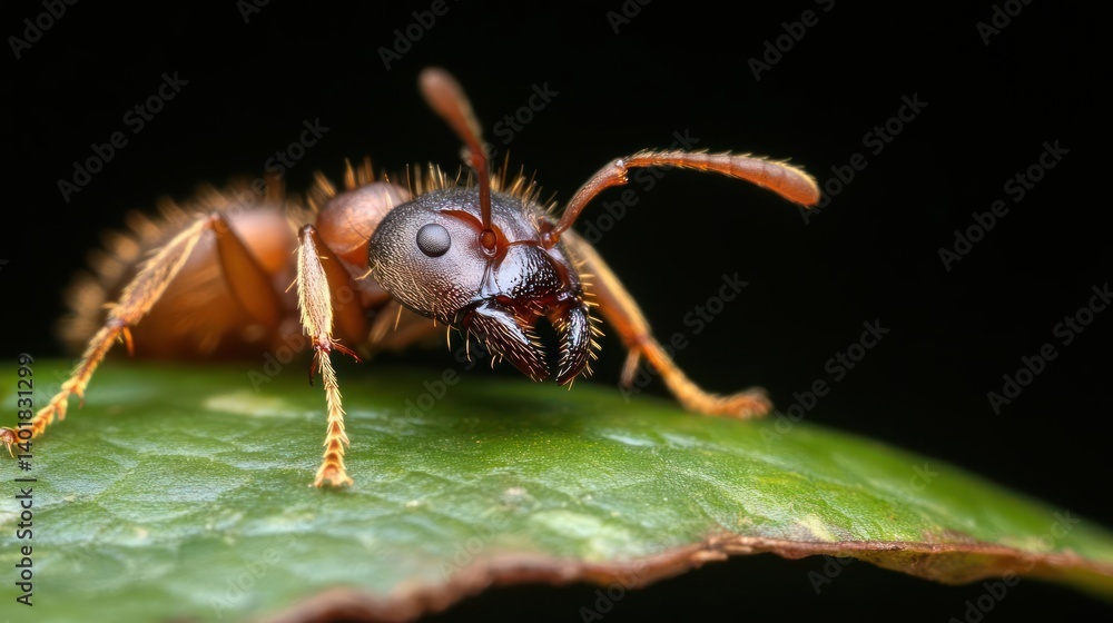Poster a macro photograph captures a close up of an ant with a shiny, black head perched on a vibrant green