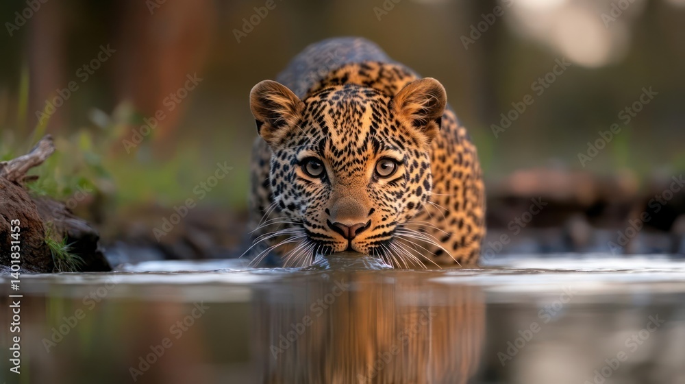 Poster Close up eye level view of a leopard crouched low in water, its reflection visible. The leopard has a spotted coat and intense gaze, with natural light illuminating its face and the surrounding