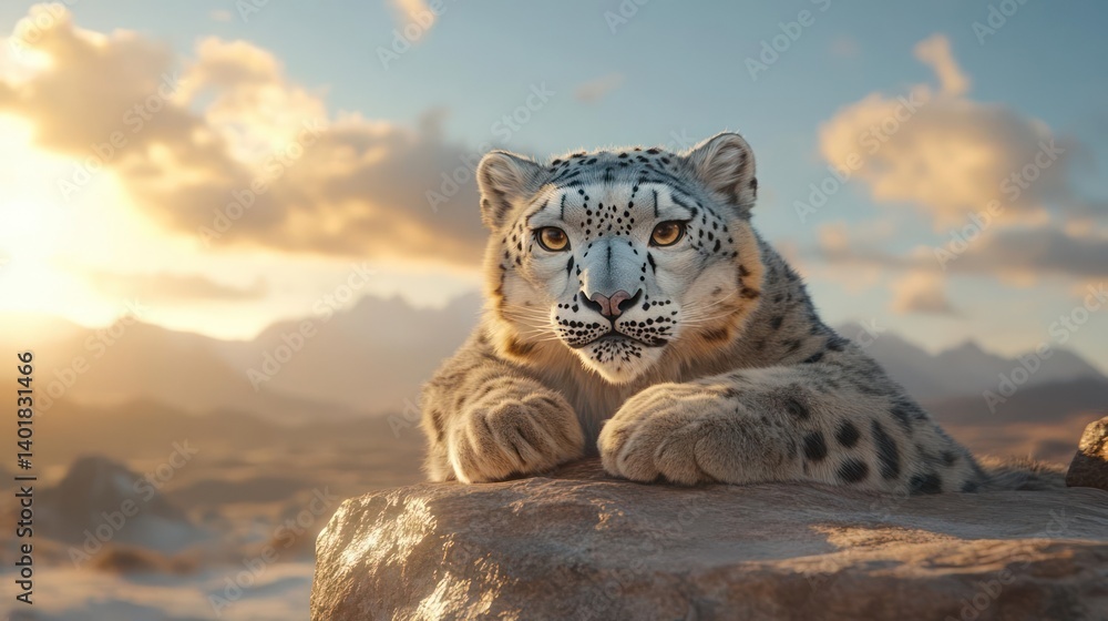 Poster close-up shot of a snow leopard resting on a rock. the leopard has a white and grey coat with black 