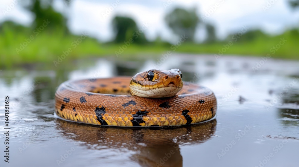 Poster captured in its natural habitat, a snake with a yellow and brown patterned body is coiled in shallow