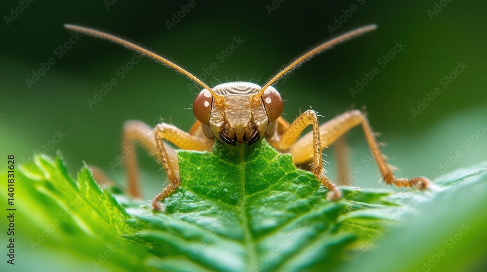 Aufkleber extreme close-up of a brown ant with dew drops on its body and antennae, perched on a vibrant green 