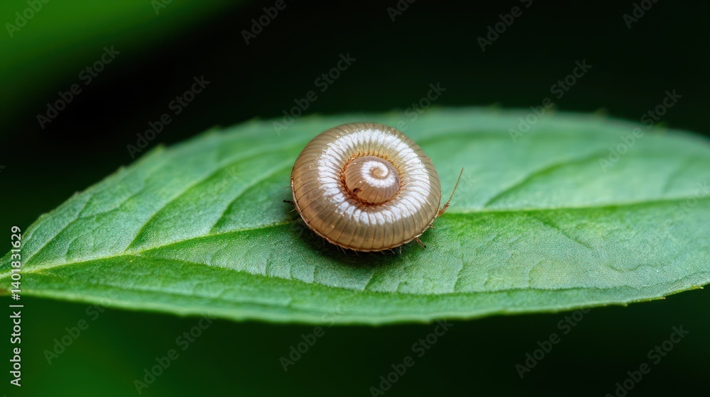 Aufkleber close-up shot of a tiny, brown and white target-patterned snail resting on a vibrant green leaf. the