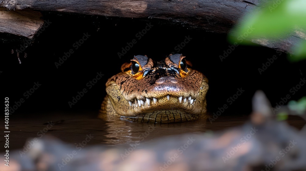 Aufkleber Close up of an Amazonian Crocodile in natural habitat with dark colors and shallow depth of field. The reptile is in water with fallen tree branches and green leaves as background
