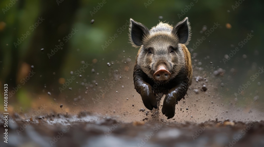 Poster close-up, dynamic shot of a wild boar running head-on through muddy terrain in a forest. the boar's 