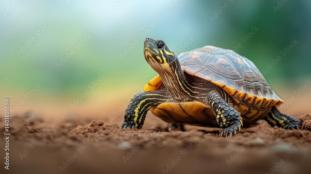 Poster Close-up shot of a small turtle on brown soil, featuring a textured shell with yellow markings and stripes, focused foreground, soft bokeh background of green foliage, natural lighting, captures the