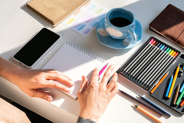 Woman Drawing in Sketchbook With Color Pencils. Art Therapy for Mental Health Care at Home.