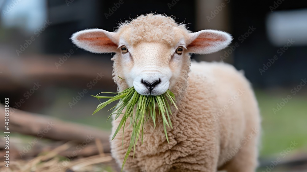 Poster a close-up shot captures a light beige sheep with a fluffy coat, munching on vibrant green grass. th