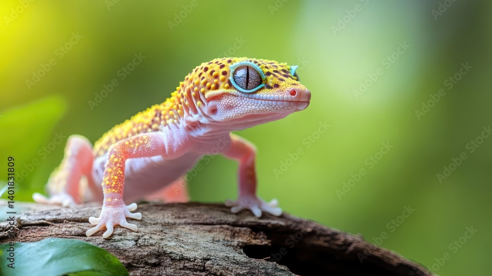 Poster close-up shot of a leopard gecko perched on a weathered log against a backdrop of blurred green foli