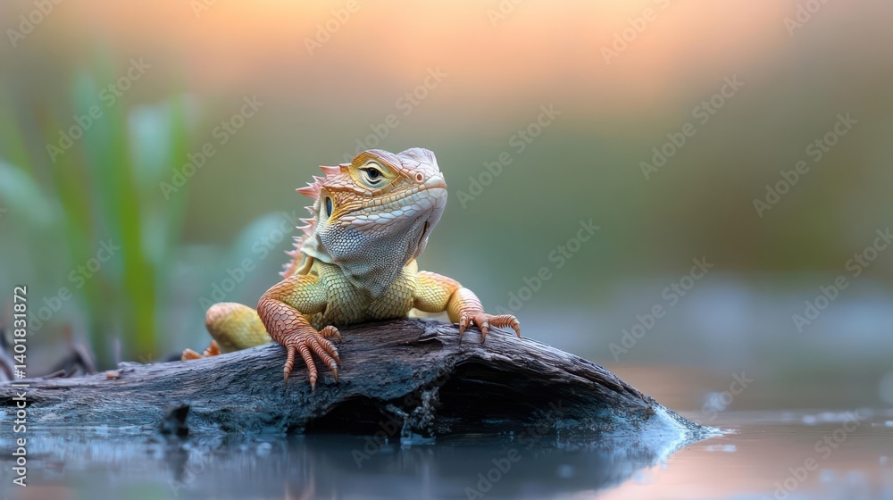 Aufkleber Close up view of a lizard with spiky scales perched on a log in water. The scene features soft lighting and shallow depth of field with green plants in the background enhancing the wild setting