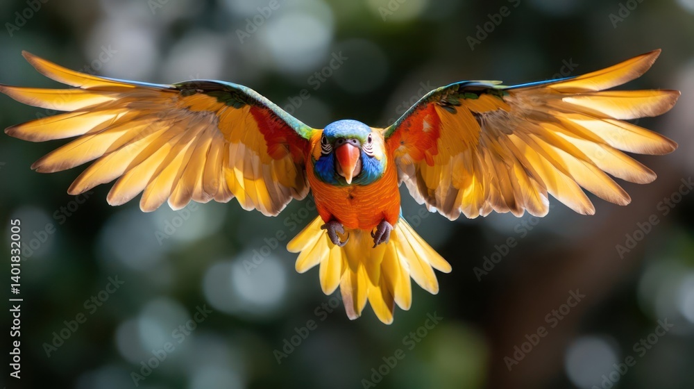 Poster a vibrant parrot in mid-flight dominates the frame with its wings fully spread, showcasing a spectru