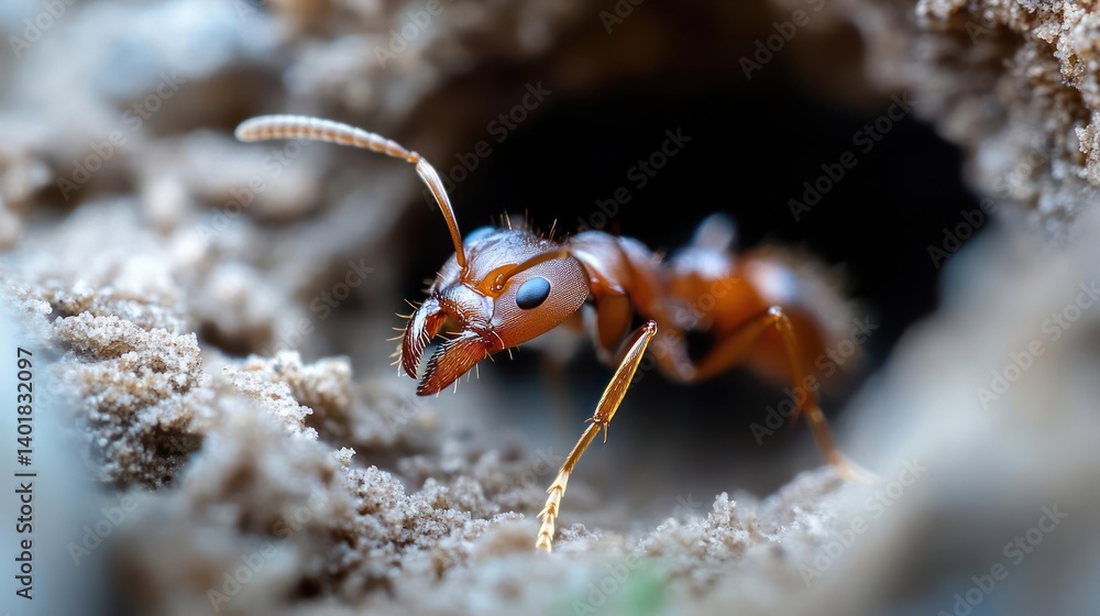 Poster macro shot of a red ant emerging from a hole in sandy soil. the ant's mandibles are visible, and its