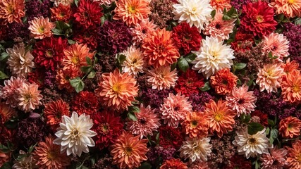 Flowers wall background with amazing red,orange,pink,purple,green and white chrysanthemum flowers ,Wedding decoration, hand made Beautiful flower wall background
