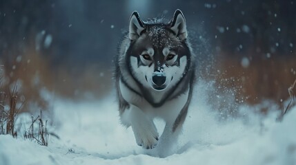 Naklejka premium A Siberian Husky running through a snowy field, 