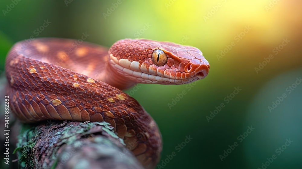 Poster a vibrant close-up captures a reddish-brown snake coiled on a branch. the snake's scales are distinc