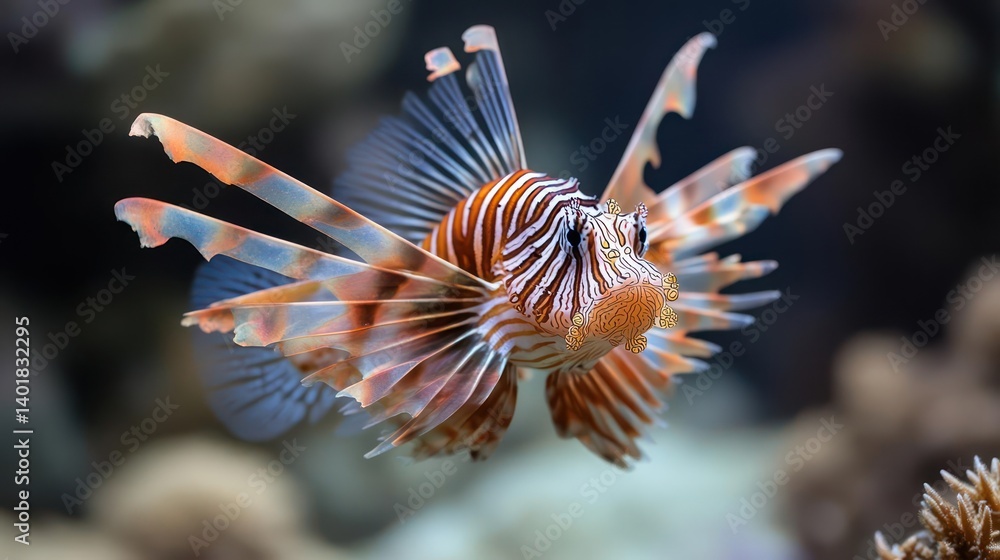 Poster a close-up, eye-level shot of a red lionfish with white stripes swimming. the background is blurred,