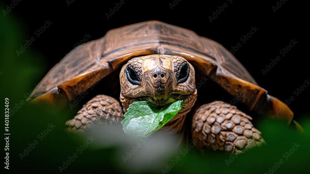 Poster close-up shot of a brown tortoise eating a green leaf against a black background. the tortoise's tex