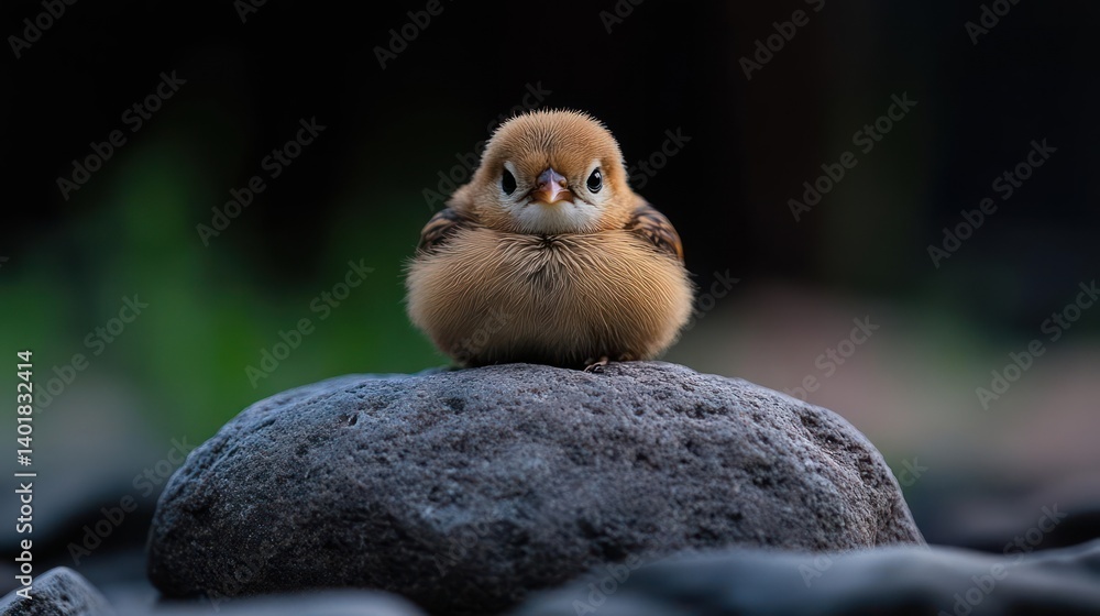 Aufkleber close up of a fledgling bird with golden brown feathers perched atop a dark gray textured rock. soft