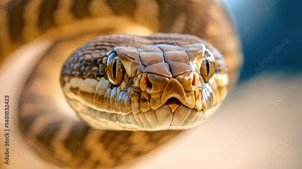 Poster a close-up shot of a light brown python with intricate patterns, its eyes sharply focused, coiled ag