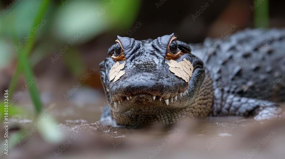 Aufkleber close up of a young smooth fronted caiman, the dark reptile with distinctive bony ridges above its e