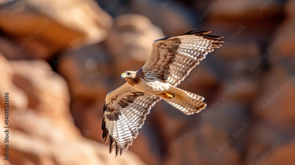 Aufkleber A medium shot of a soaring hawk in flight against a blurred backdrop of red rock formations, captured with a shallow depth of field to emphasize the bird's detailed plumage and wing structure