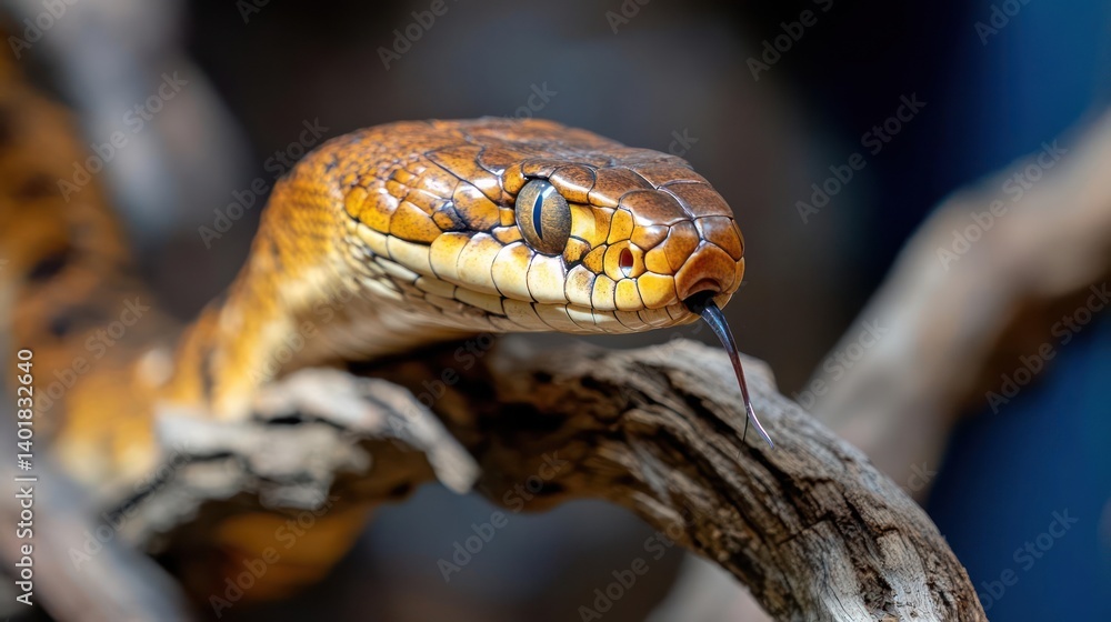 Aufkleber a striking close up photograph captures a brown and tan reptile coiled on a bare branch with a blurr