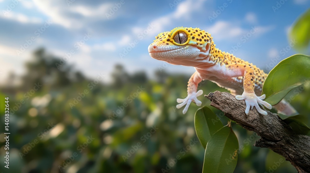 Poster a close-up of a yellow gecko with black spots perched on a branch, set against a blurred background 