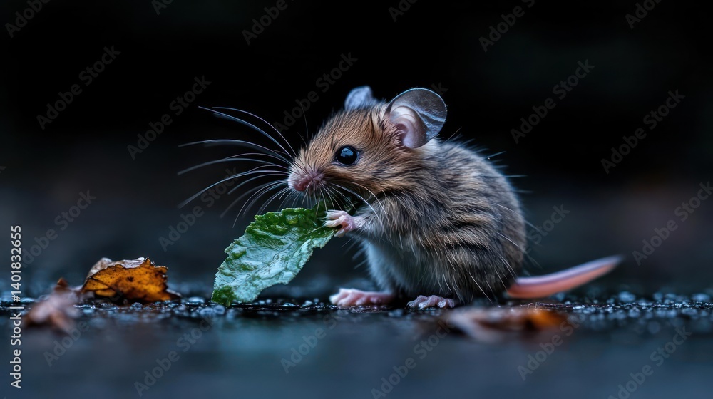 Poster close up on a wild brown and gray field mouse on a dark, wet surface, holding a green leaf. the mous