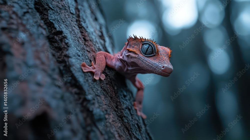Poster Macro photograph of a brown and red lizard crawling on dark tree bark in forest with blue bokeh background. Sharp focus showcases its textured skin and intricate patterns, capturing the small