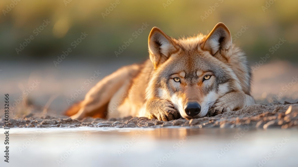 Aufkleber A captivating close-up of a reddish-brown wolf resting near a puddle in a soft, golden light, with its focused gaze and textured fur adding to the serene yet intense atmosphere of the natural scene