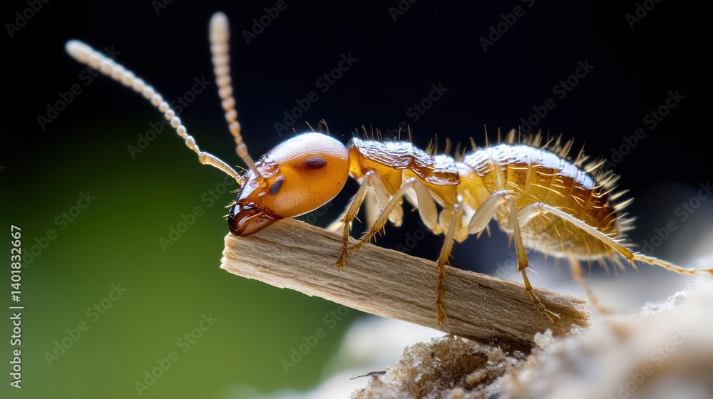 Poster Detailed macro shot of a termite perched on a small twig. The insect displays a segmented body with an orange head and yellowish-white thorax and abdomen, set against a backdrop of blurred green and