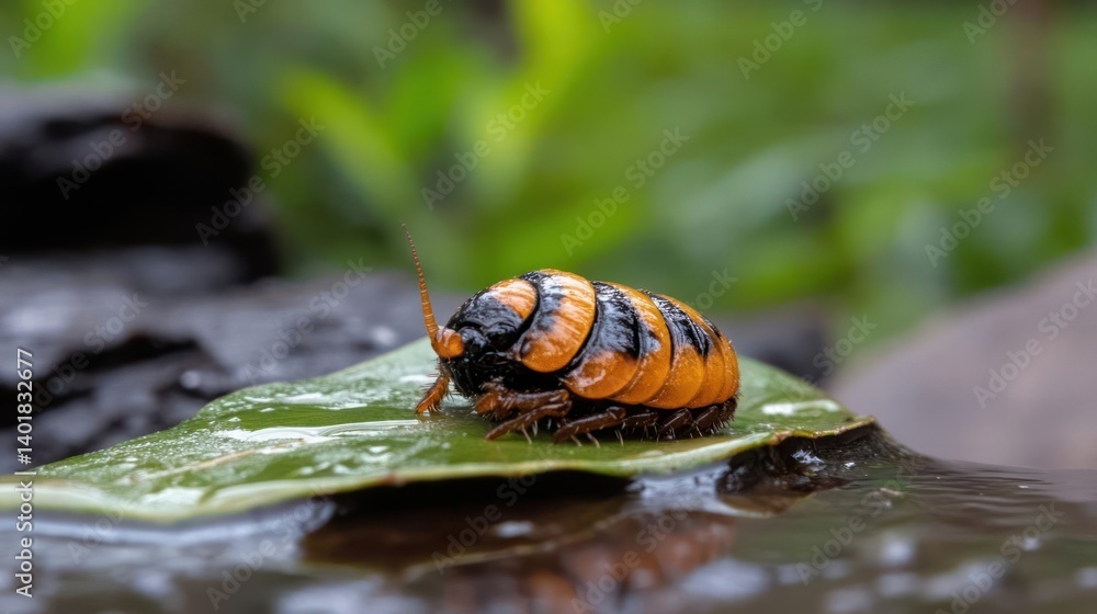 Aufkleber Macro shot of a pill bug or roly poly with black and orange stripes on a wet green leaf. The bug is centered with its reflection visible in the water. Green foliage is out of focus in the background