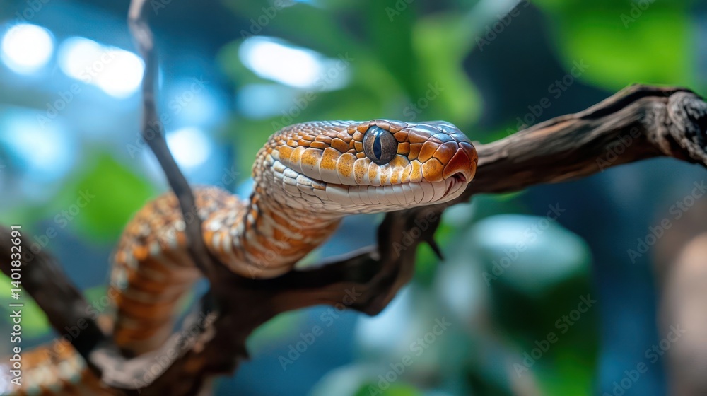 Poster A close-up shot captures an orange and white snake resting on a branch, set against a backdrop of vibrant green leaves and a soft blue hue. The snake's unique patterns and textures are highlighted in