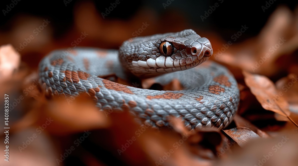 Poster detailed shot of a gray snake with red spots coiled amidst dry leaves. the focus is on the snake's h